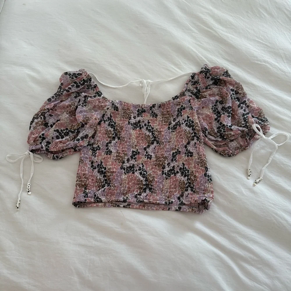 Free People Floral Smocked Puff Sleeve Top NWT
